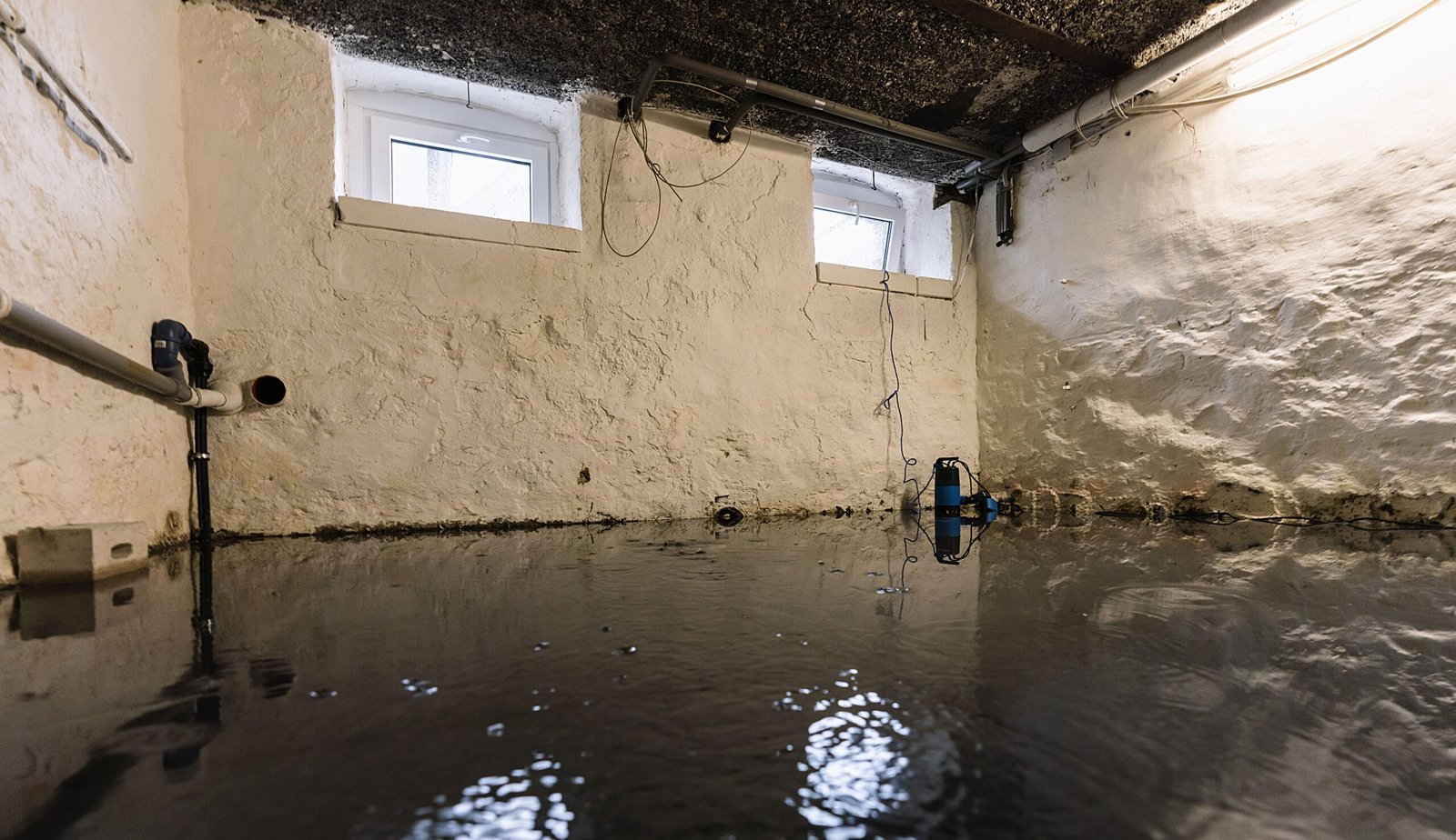 A flooded basement with visible moisture problems, emphasizing the need for effective waterproofing solutions.