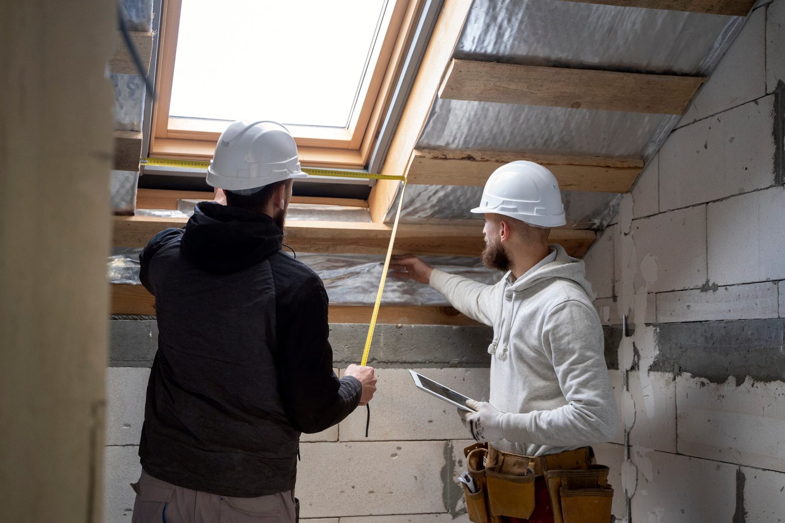 A well-insulated attic with visible fiberglass batts neatly installed in the rafters